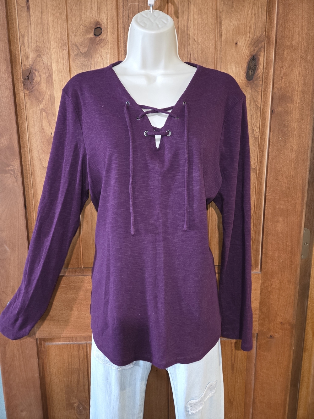 Ruff Hewn Plum Lace-Up V-Neck Long Sleeve Top